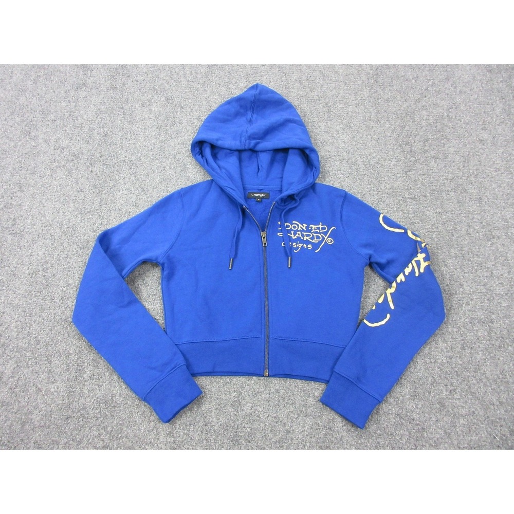 Ed Hardy Hoodie Womens Small Blue Full‎ Zip Fleece Cropped Tiger Tattoo Graphic